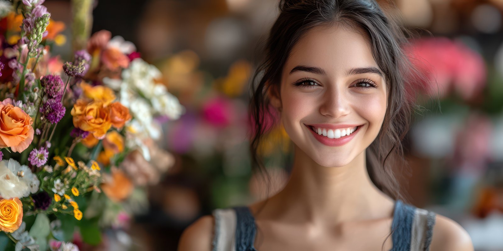 Smiling young woman in a flower shop surrounded by vibrant blooms during daylight